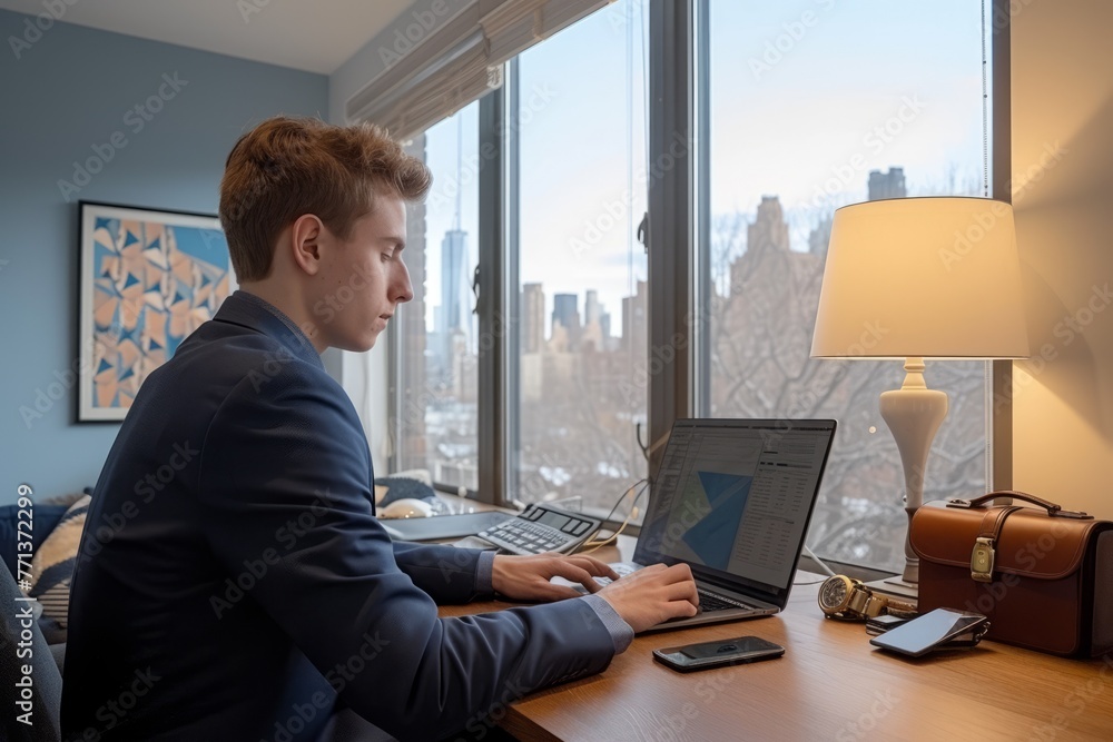 Young male professional working from home using laptop computer Young male professional working from home using laptop computer