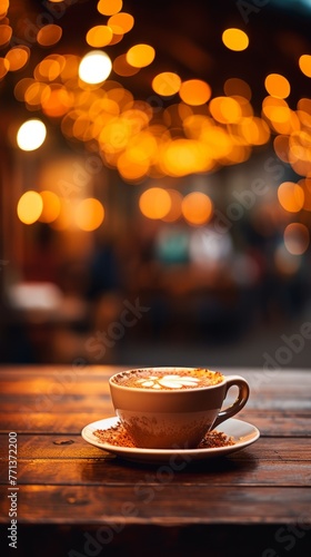 Cappuccino in a ceramic cup on a wooden table with a blurred background of city lights.