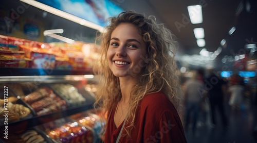Portrait of a young woman with curly hair smiling in a grocery store