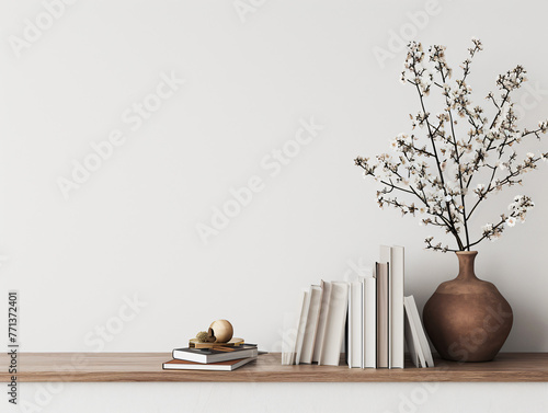 wooden desktop with books magazines and vase of flowers 918b6a11-a9a0-4fa5-8de2-6279cf0ae896 photo