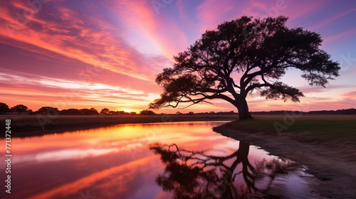 Savanna landscape with a large tree at sunset