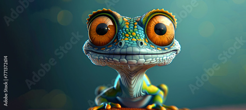 A green frog with big eyes is sitting on a table. The frog is smiling and looking at the camera. a gecko mascotte photo