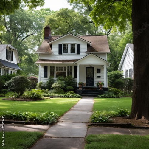 Charming White Cottage-Style Home with Black Trim and a Front Porch
