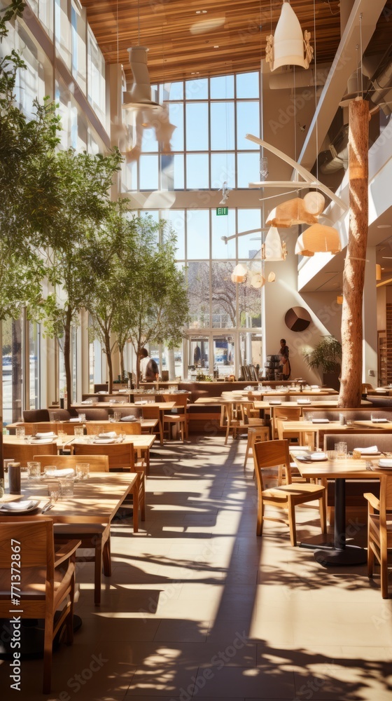 Fototapeta premium Elegant restaurant interior with large windows and wooden tables and chairs