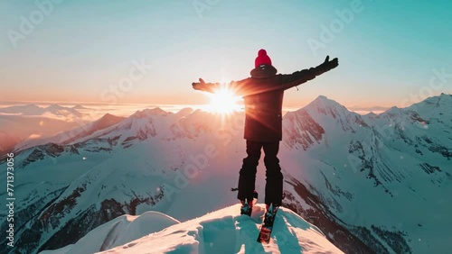 Lone single one skier standing at the peak of snowy mountain, sunset. Alpine ski downhill resort. Winter season vacation . Skiing or snowboarding extreme sport activity concept. photo