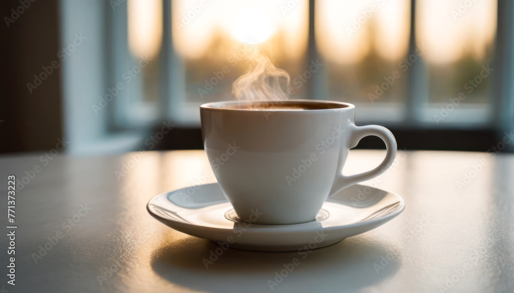 Morning Coffee: A white cup filled with steaming coffee rests on a clean white table, casting a subtle shadow. creating a serene morning scene. Morning Coffee: A white cup filled with steaming coffee rests on a clean white table, casting a subtle shadow. creating a serene morning scene.