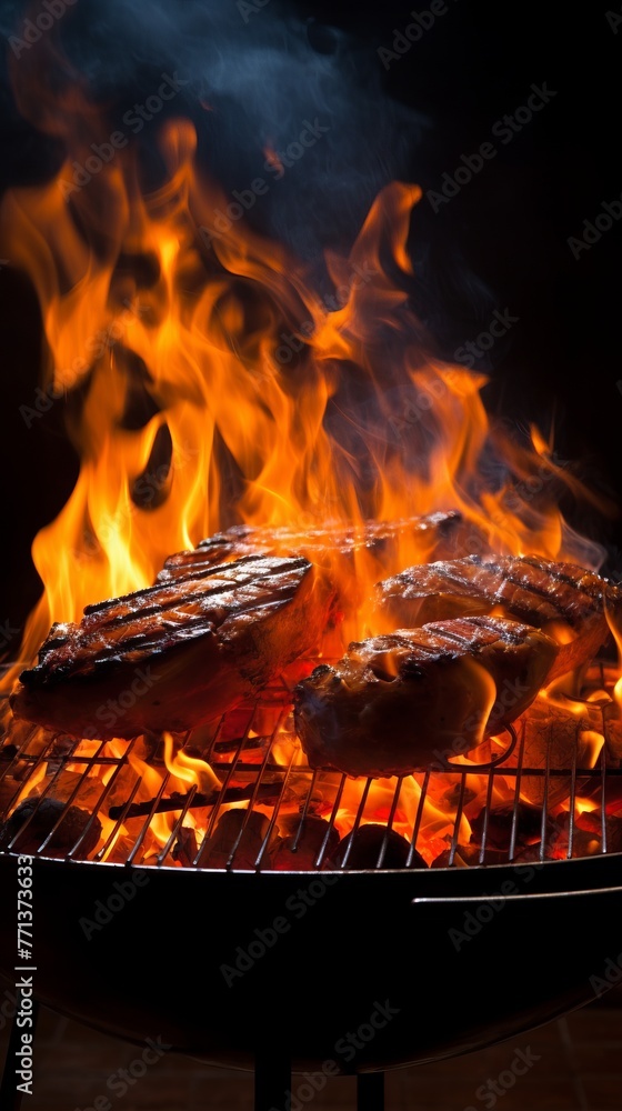 Fototapeta premium A barbecue grill with steaks cooking on it