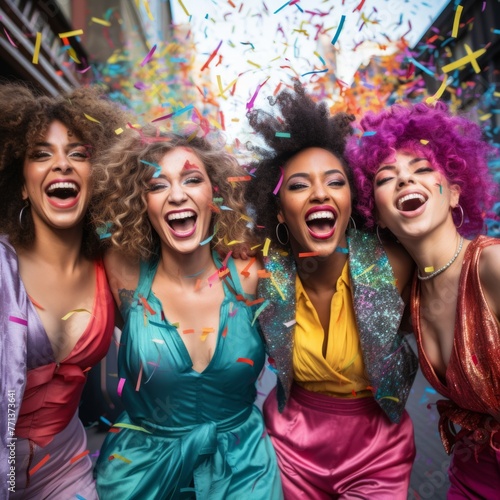 Four cheerful women of African descent are having fun in the street with confetti falling on them