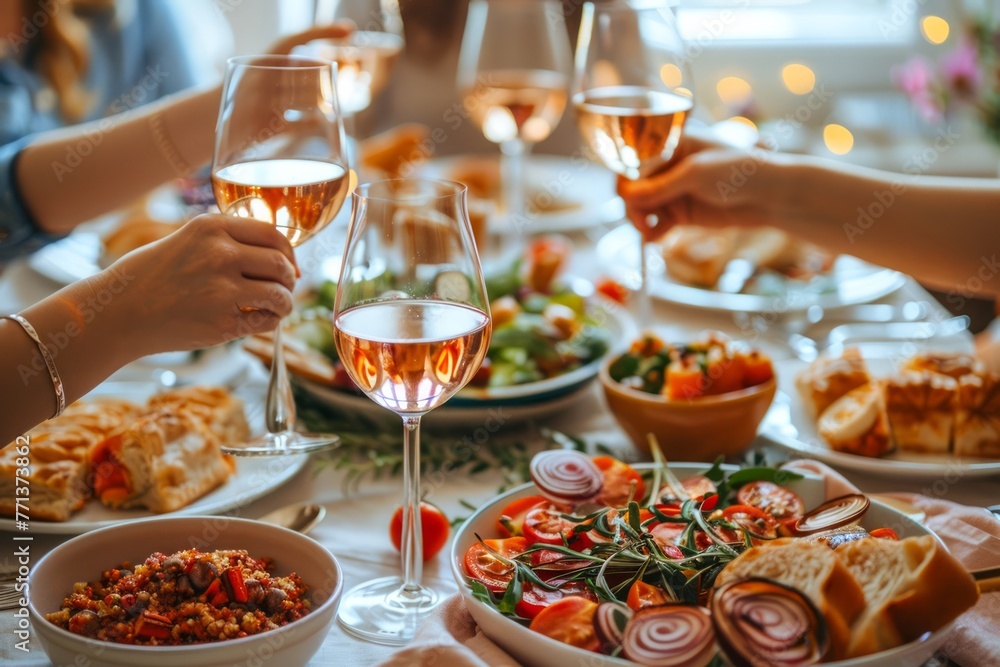 Friends Enjoying a Festive Dinner Party with Wine and Multiple Dishes, Toasting Glasses over a Table Filled with Home Cooked Meals Friends Enjoying a Festive Dinner Party with Wine and Multiple Dishes, Toasting Glasses over a Table Filled with Home Cooked Meals
