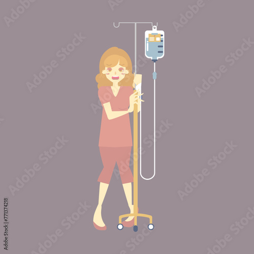 sad female patient holding IV (intravenous) stand with blood, saline solution drip bag, surgery, health care concept, flat vector illustration character cartoon design