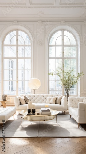 Bright and Airy Scandinavian Living Room With White Leather Sofas and Chic Gold Accents