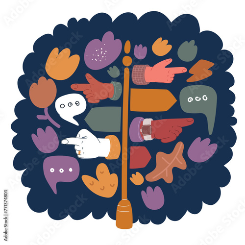 Cartoon vector illustration of Signpost with forefinger point by index finger in different direction over dark background