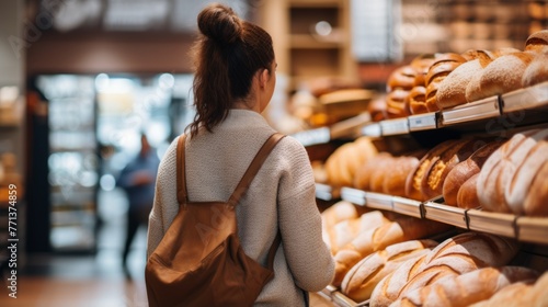 A woman is looking at bread in a bakery. photo