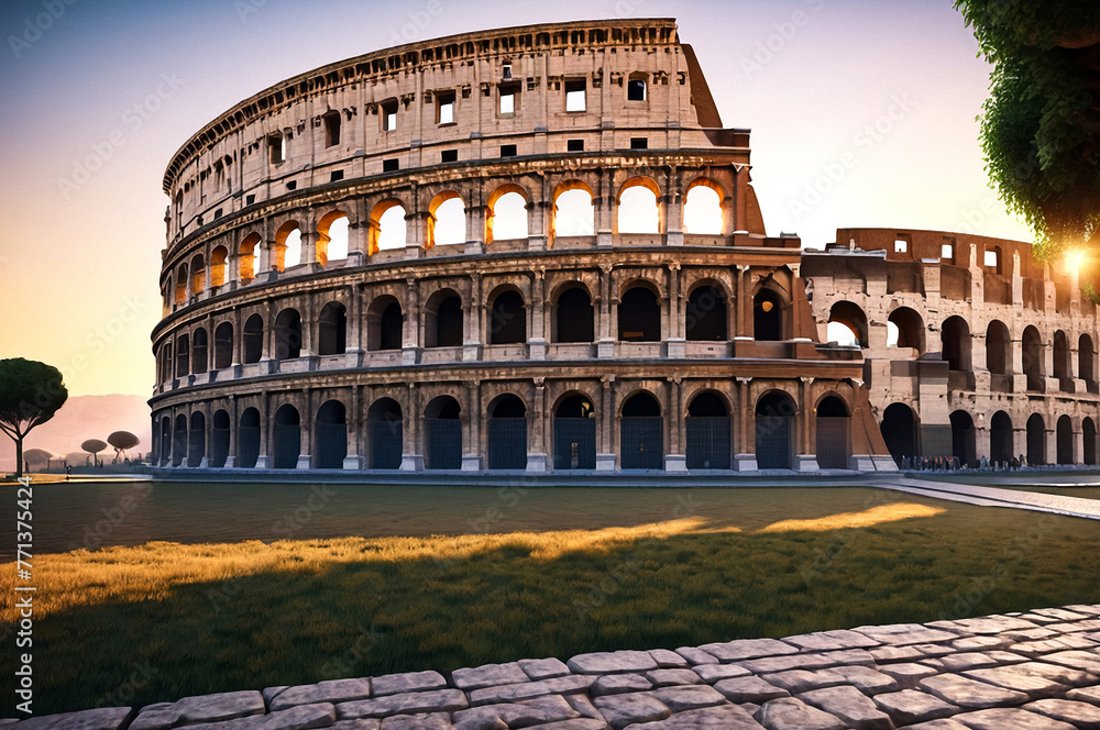Majestic sunrise at colosseum, summertime. Colosseum is most landmark history, sunshine background, summer vacation. Historical architecture concept. Copy ad text space. Generative Ai