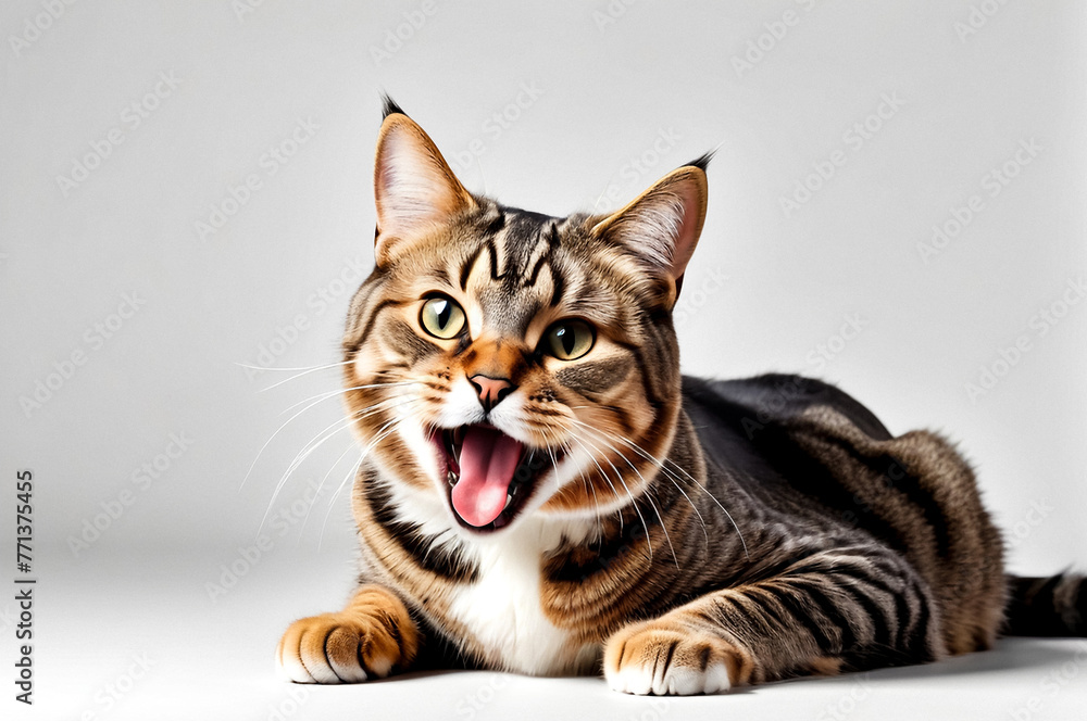 British Cat licks mouth and shows big tongue isolated on white background. Young funny Cat lying looks to right and up from camera with beautiful cute big eyes and shows tongue, front view