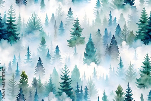 Misty Forest Watercolor Pine Trees Nature Scenery Tranquil Serene Ethereal
