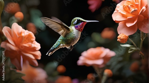 A hummingbird is flying over a bed of flowers