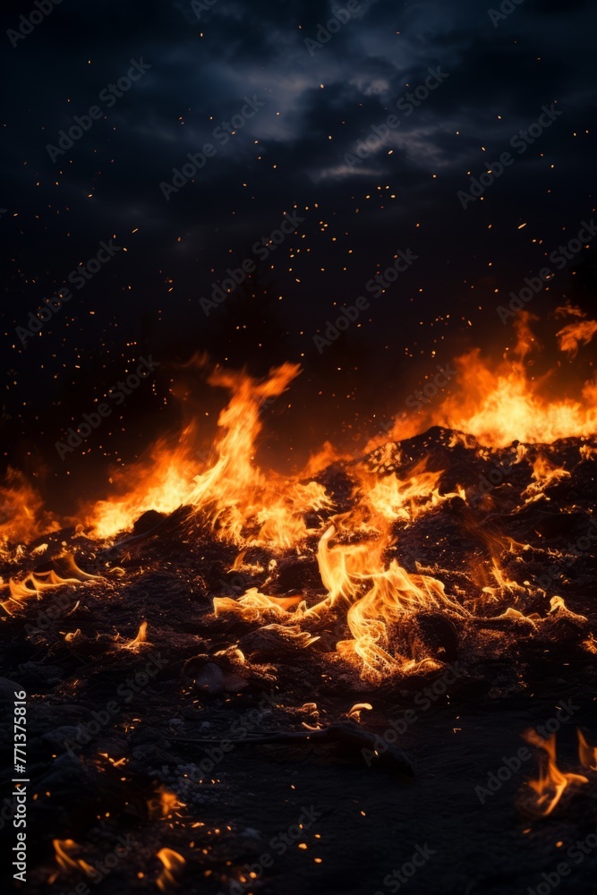 Fire at night consuming a pile of garbage