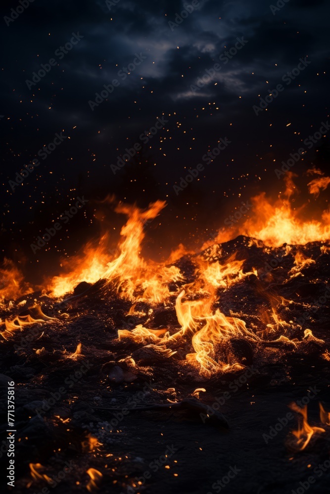Fire at night consuming a pile of garbage Fire at night consuming a pile of garbage