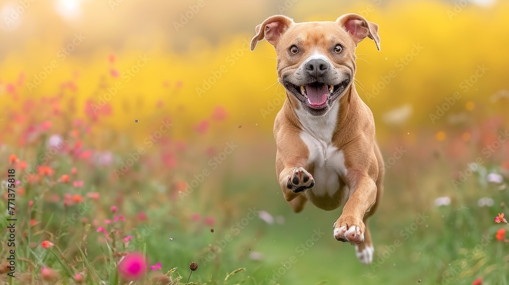 A happy brown and white pit bull terrier dog is running in a field of flowers