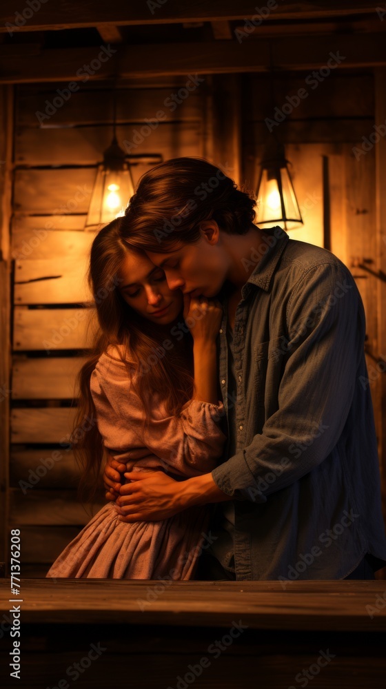 Young couple hugging in a rustic wooden room