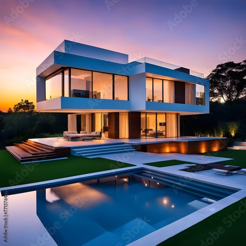 beautiful modern architect house with sunset in the sky 