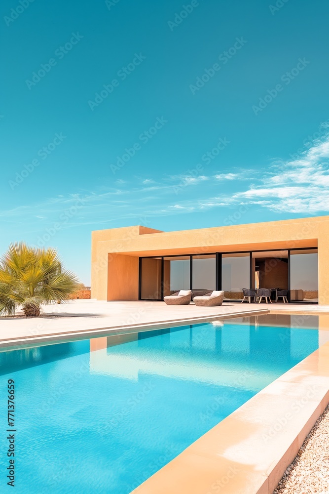 Fototapeta premium Photo of modern house with swimming pool, minimalistic architecture concept. 