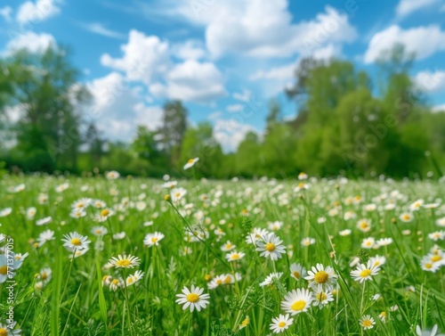 blurred spring background nature with blooming glade chamomile, trees and blue sky on a sunny day.