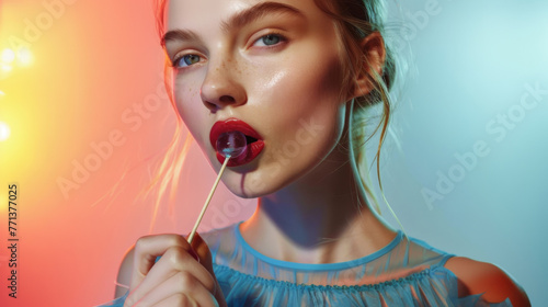 Wallpaper Mural Young beautiful girl with a lollipop.  Female on a bright background. Photography in fashion editorial style Torontodigital.ca