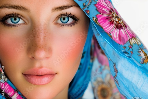 Portrait of a beautiful young woman with blue eyes and freckles wearing a blue headscarf photo