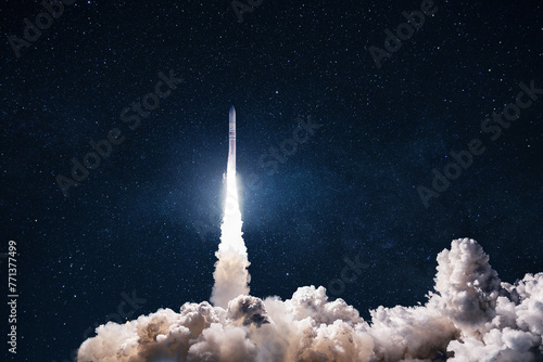 Spaceship takes off into the starry sky. Rocket starts into space. Concept. Launch successful. Taking off to the moon