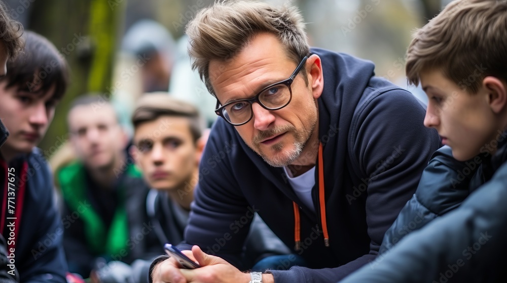 Fototapeta premium A blond man with glasses is talking to a group of teenage boys.