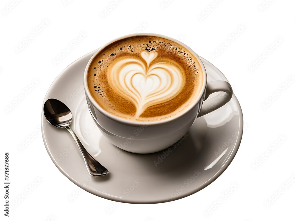 Cup of coffee with a heart on top served in a white saucer isolated on white background Cup of coffee with a heart on top served in a white saucer isolated on white background