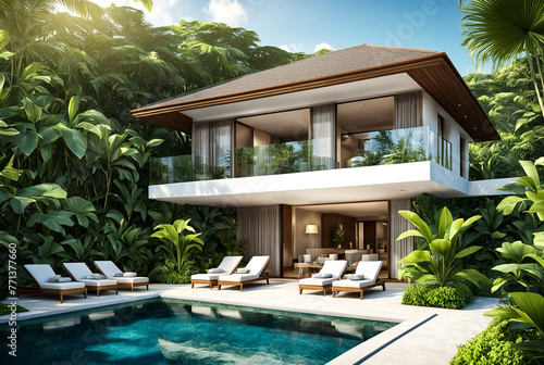 Luxurious private villa with swimming pool in a lush tropical garden setting, outdoors. Tropical villa with private pool and lush garden, luxury view. Summer vacation concept. Copy ad text space © Alex Vog