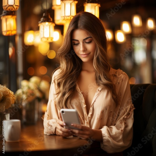 Beautiful young woman sitting in a cafe using her phone
