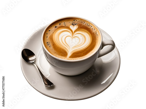 Cup of coffee with a heart on top served in a white saucer isolated on white background