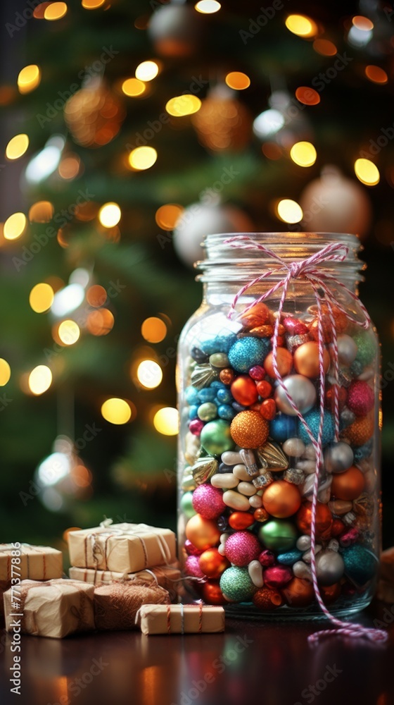A jar of Christmas ornaments with a blurred Christmas tree in the background A jar of Christmas ornaments with a blurred Christmas tree in the background