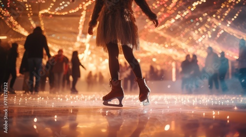 Young woman ice skating on a rink with blurred people in the background