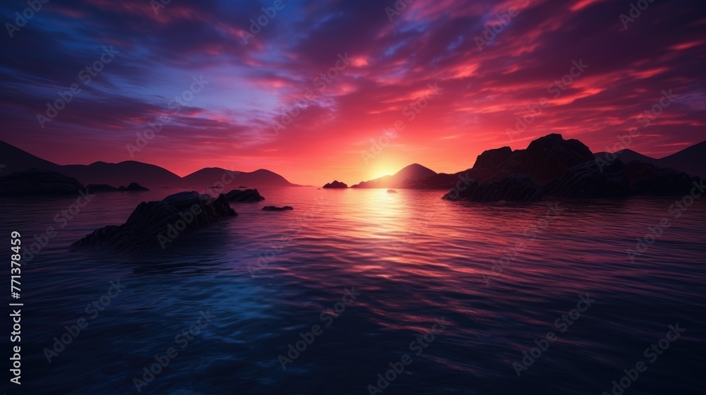 Sea sunset or ocean sunrise with island panoram view. Beautiful landscape with colorful sky horizon, sun reflection backdrop. Dusk or dawn, evening or morning beach sea. Scenery background