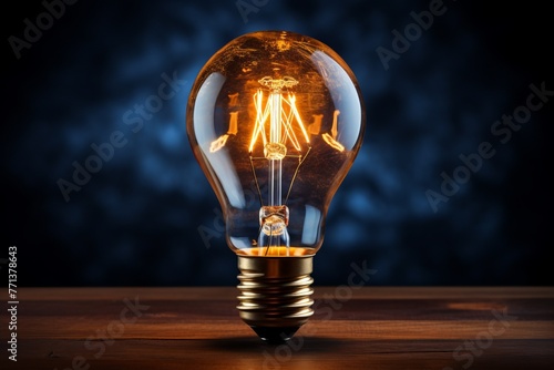 Glowing Light Bulb on Wooden Table Against Blurred Background