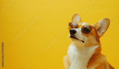 yellow corgi wearing sunglasses while looking at yellow a90302c9-1cb3-474e-93a6-3769c4ccae46 photo