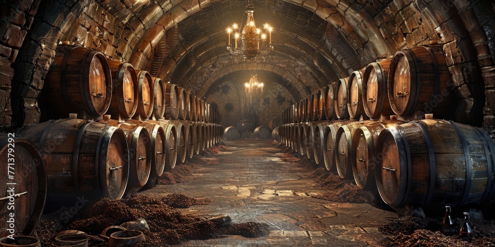 Oak wine barrels in old dark wine cellar Stacks of cognac, brandy, whiskey barrels are made in a warehouse, cellar for the wine aging process. Perfect for deliciously aging, Generative AI