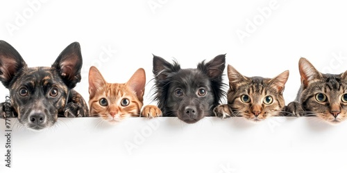 Cute different dogs and cats peeking on isolated white background, with copy space, blank for text ads, and graphic design, Generative AI
