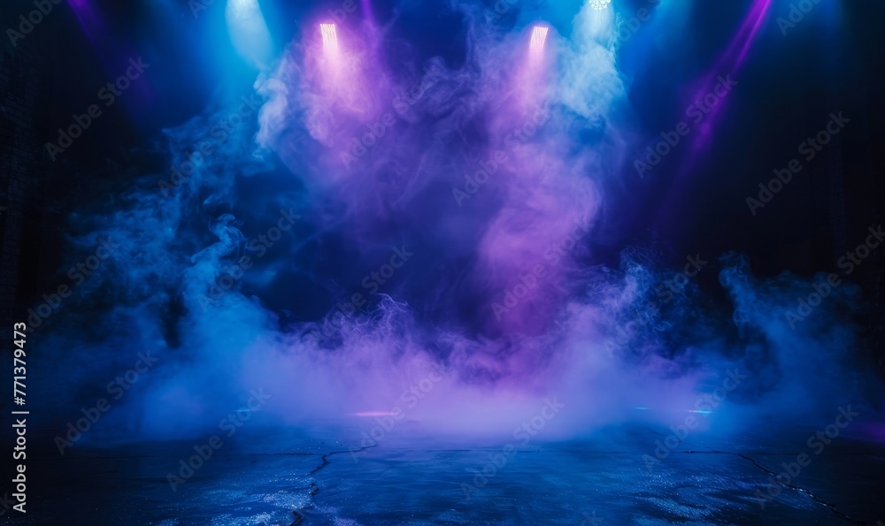 Dark stage shows, blue, and purple background, an empty dark scene, laser beams, neon, spotlights reflection on the asphalt floor, studio room with smoke floating up for display, Generative AI