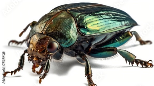 Green scarab beetle with shiny exoskeleton, visible legs, antennae on white surface.