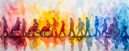 Colorful art watercolor painting depicts a diverse group of International Day of Disabled Persons, disability day, world on the wheelchair wheel, Autistic Awareness Day, healthcare, Generative AI #771379445