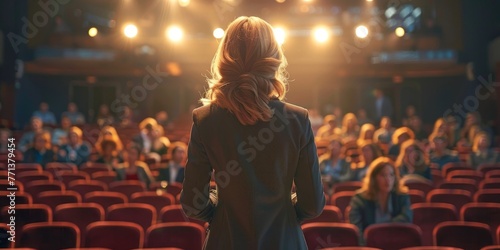 Businesswoman motivational speaker standing on stage in front of an audience for a speech at conference or event. Talks about Success, Leadership, Technology, and How To Be Productive, Generative AI © Just Bella