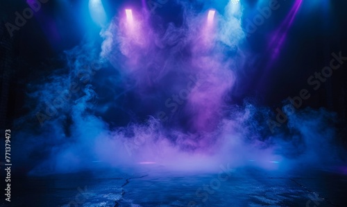 Dark stage shows  blue  and purple background  an empty dark scene  laser beams  neon  spotlights reflection on the asphalt floor  studio room with smoke floating up for display  Generative AI
