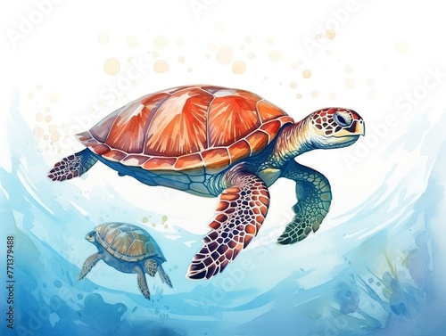 A turtle is swimming in the ocean with a baby turtle following it