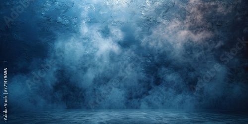 Empty dark blue abstract cement wall and studio room with smoke float up the interior texture for display products wall background, Generative AI